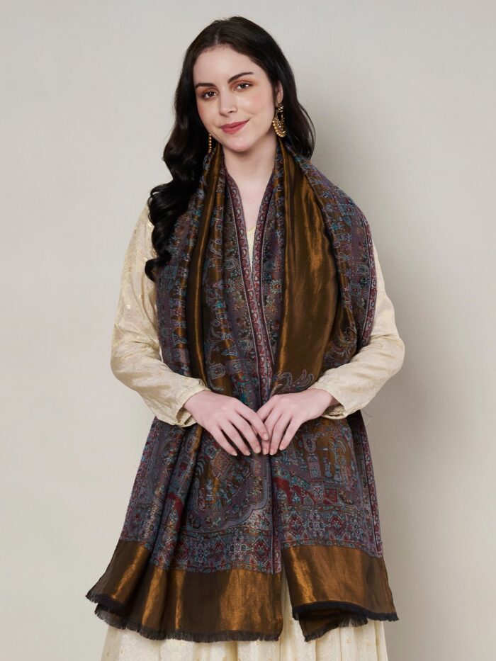 Muffly Zari Twilight Heritage Shawl – Woolen Embroidered Elegance 40x80 Inches