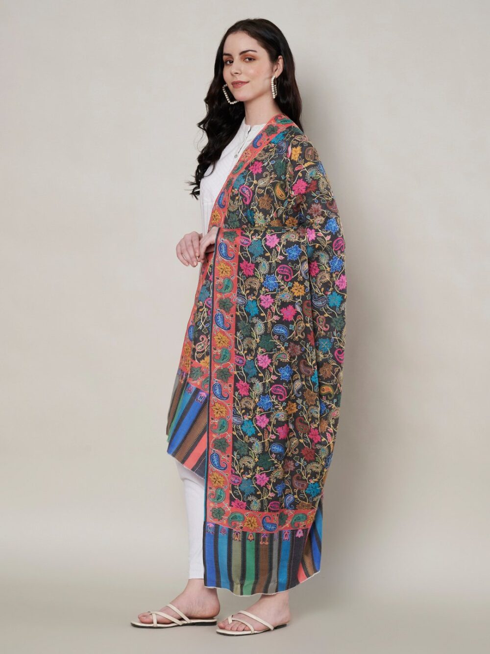 Muffly Fine Wool Kalamkari Shawl with Multicolor Border – 40x80 Inches - Image 4