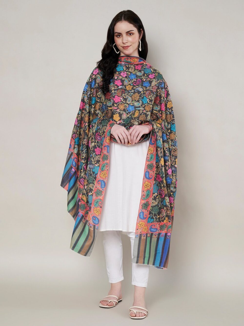 Muffly Fine Wool Kalamkari Shawl with Multicolor Border – 40x80 Inches