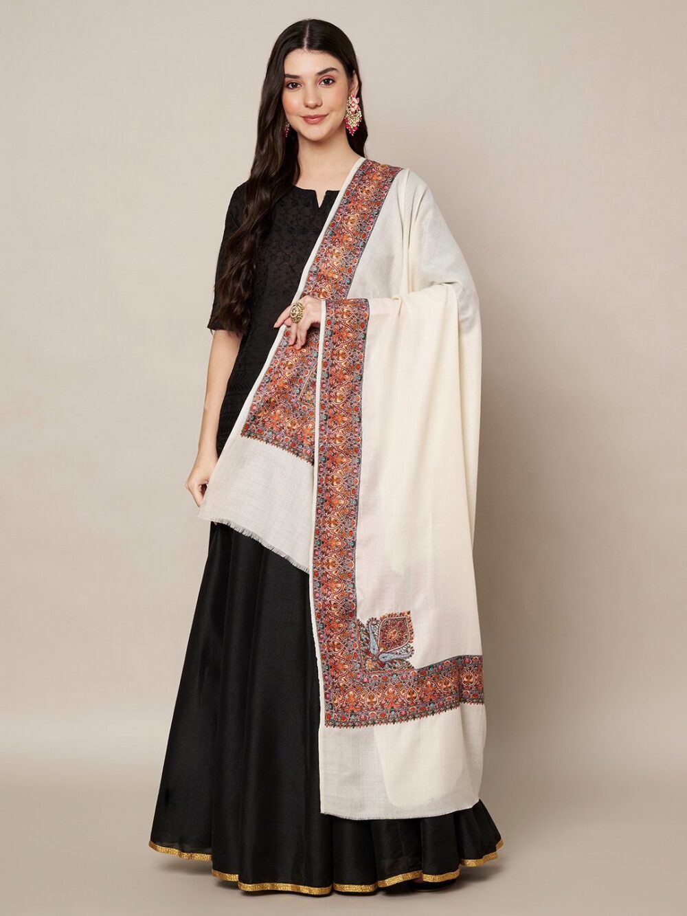 MUFFLY Woolen Multicolor Border Shawl for Women – 40x80 Elegant Wrap