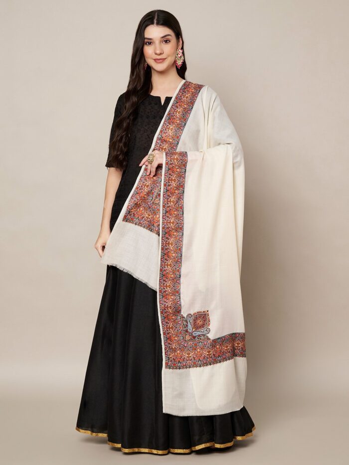 MUFFLY Woolen Multicolor Border Shawl for Women – 40x80 Elegant Wrap