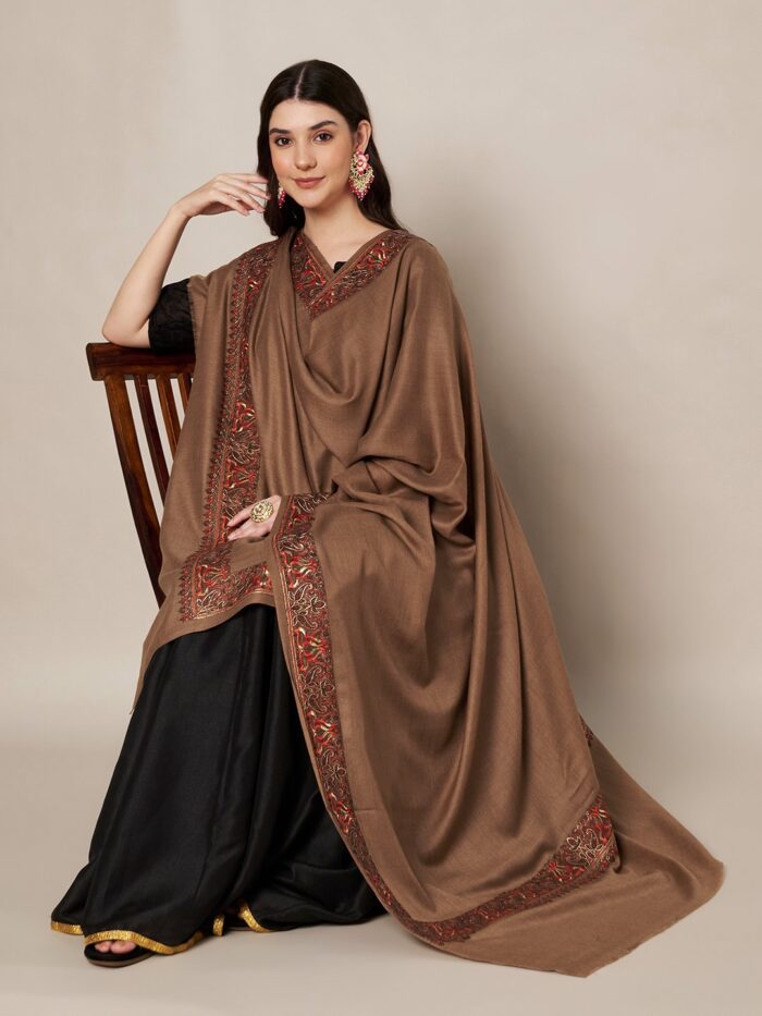 MUFFLY Woolen Embroidered Shawl for Women with Ornate Border – 40x80 Wrap