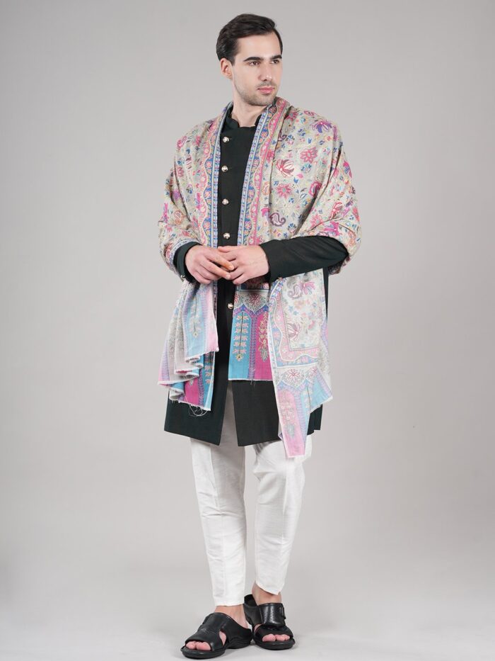 Muffly Fine Wool Kalamkari Shawl with Multicolor Border For Men – 40x80 Inches