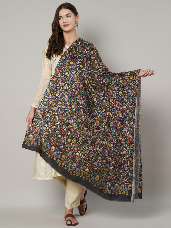 Muffly Women Wool Blend Kashmiri Shawl with Intricate Embroidery – Traditional Ethnic Shawl for Women – Size (40 inch x 80 inch)