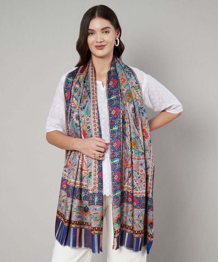 Muffly Wool Blend Stole with Kashmiri Floral Design
