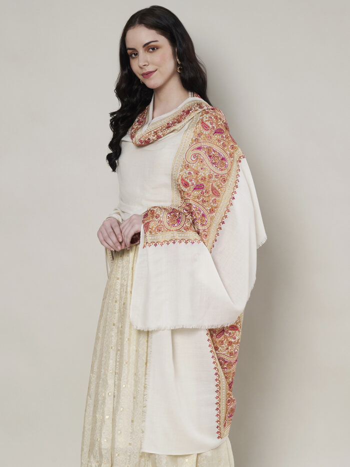 Muffly Fine Wool Embroidered Woolen Shawl with Traditional Border Work – Elegant Ethnic Wrap – Size (40 x 80 inches)