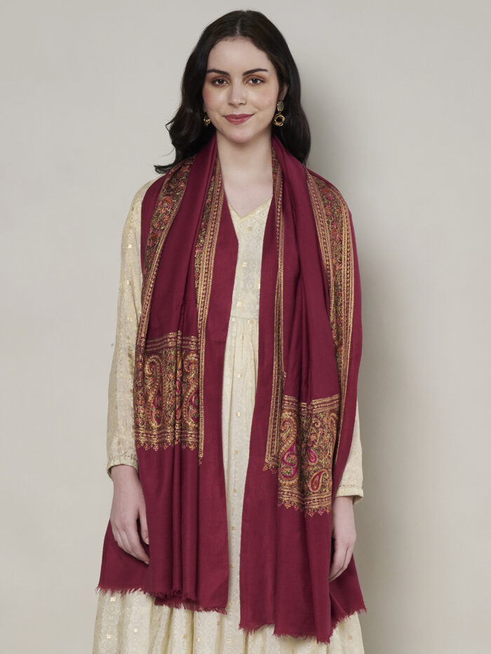 Muffly Fine Wool Embroidered Woolen Shawl with Traditional Border Work – Elegant Ethnic Wrap – Size (40 x 80 inches)