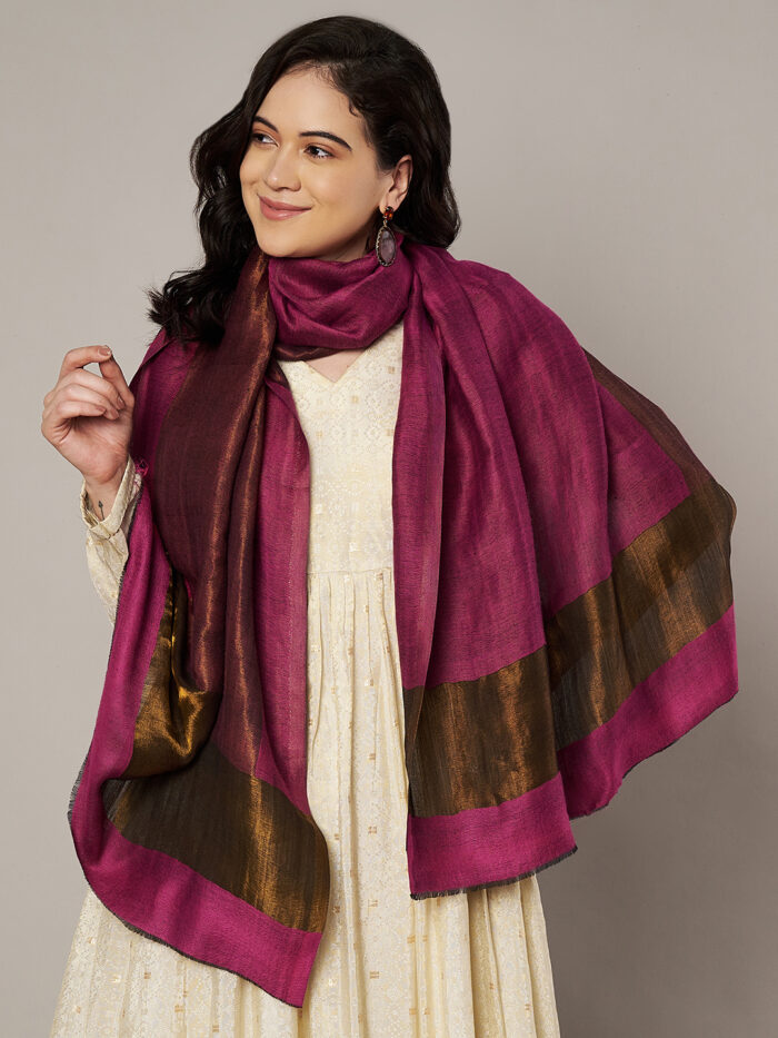 Muffly Women Solid Pattern Wool Blend Zari Golden Twilight Stole with Border – Traditional Stole for Women – Size (28 inch x 80 inch)