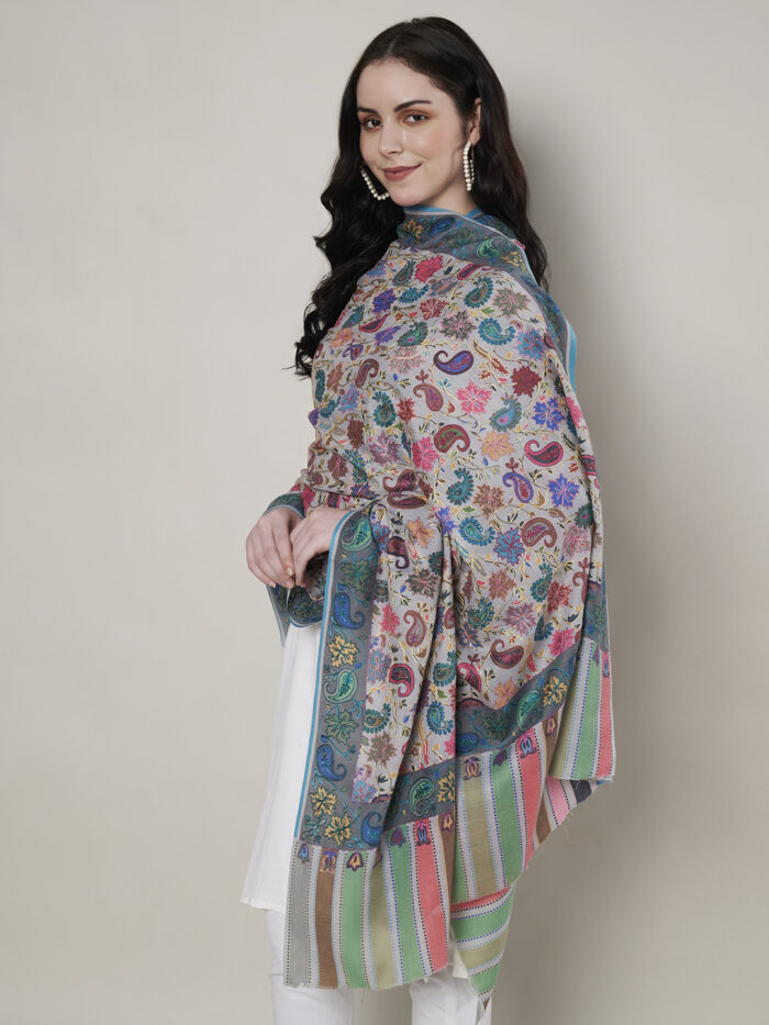 Muffly Fine Wool Kalamkari Shawl with Multicolor Border – 40x80 Inches