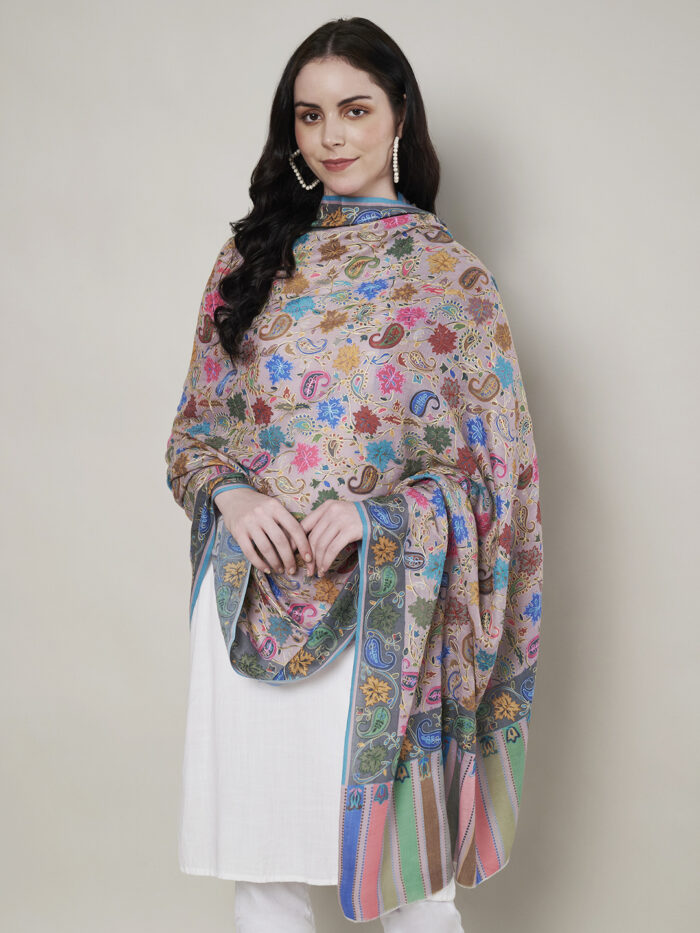 Muffly Fine Wool Kalamkari Shawl with Multicolor Border – 40x80 Inches