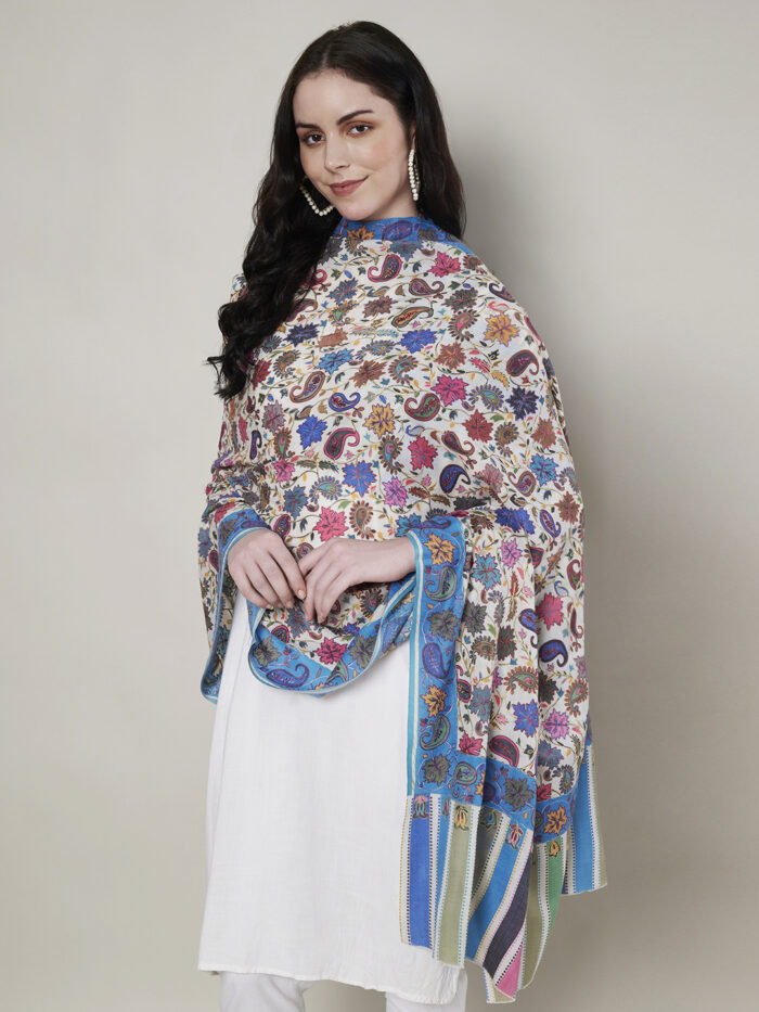 Muffly Fine Wool Kalamkari Shawl with Multicolor Border – 40x80 Inches