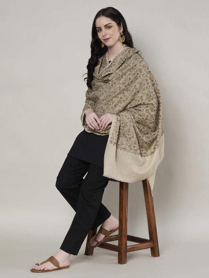 Muffly Golden Zari Shawl in Fine Wool – 40x80 Inches