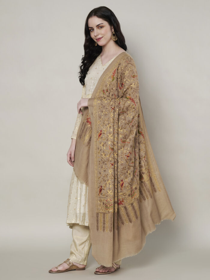 Muffly Fine Wool Bird Motif Shawl with Floral Detailing & Golden Border – Size (40 x 80 inches)