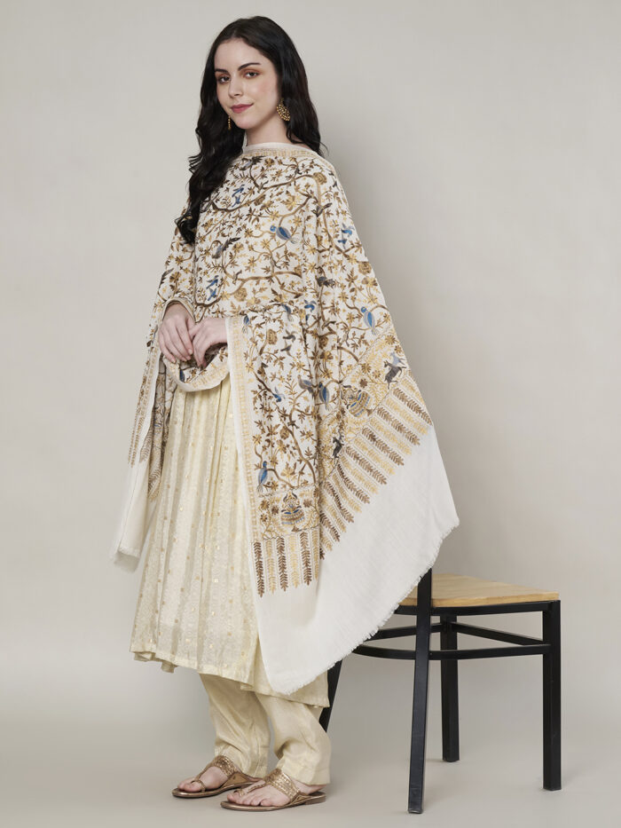 Muffly Fine Wool Bird Motif Shawl with Floral Detailing & Golden Border – Size (40 x 80 inches)