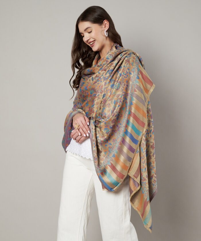 Muffly Wool Blend Kashmiri Jamawar Shawl with Intricate Floral Weave – Traditional Ethnic Shawl for Women – Size (40 inch x 80 inch)