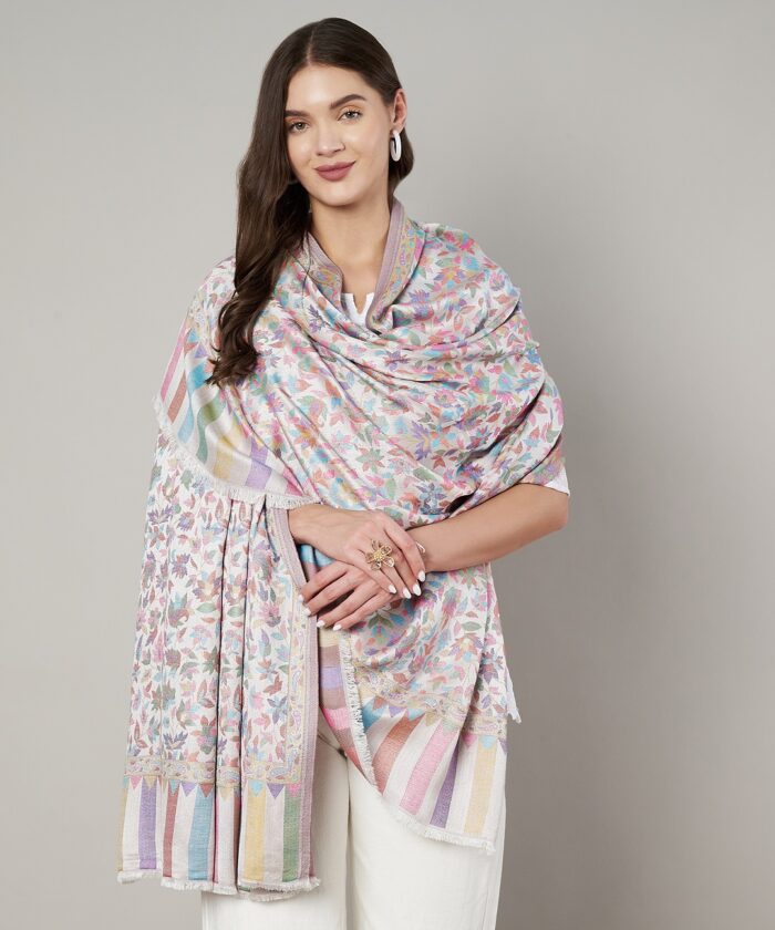 Muffly Wool Blend Kashmiri Jamawar Shawl with Intricate Floral Weave – Traditional Ethnic Shawl for Women – Size (40 inch x 80 inch)