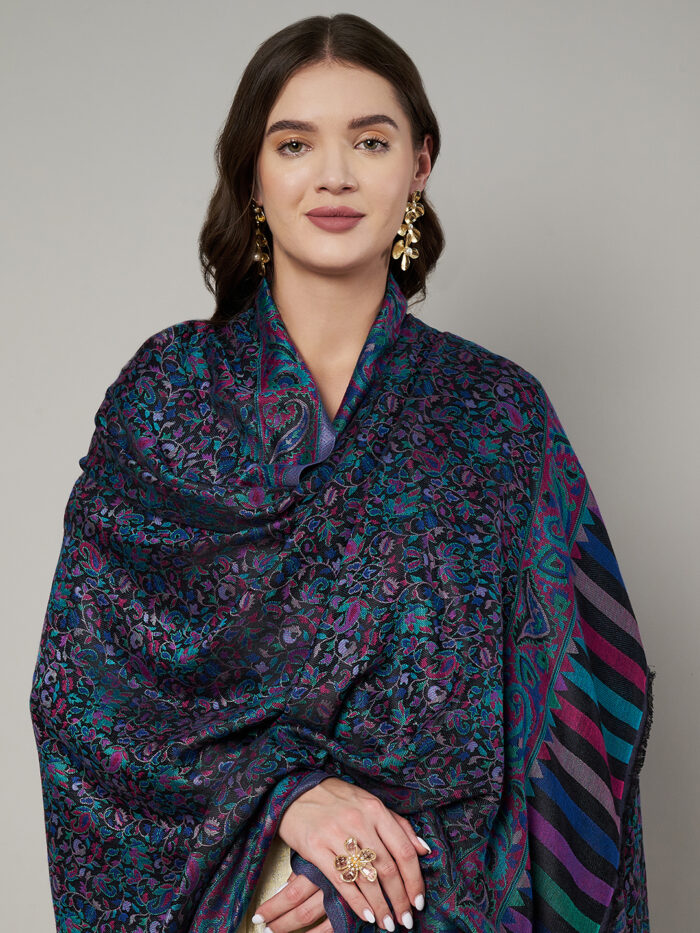 Muffly Wool Blend Kashmiri Jamawar Shawl with Intricate Floral Weave – Traditional Ethnic Shawl for Women – Size (40 inch x 80 inch)