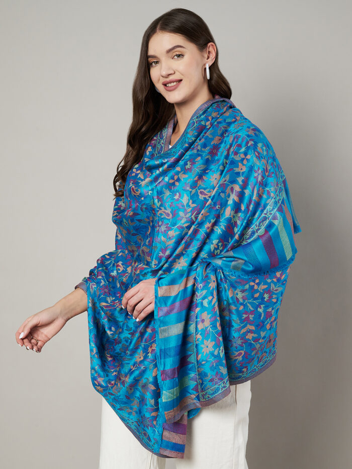 Muffly Wool Blend Kashmiri Jamawar Shawl with Intricate Floral Weave – Traditional Ethnic Shawl for Women – Size (40 inch x 80 inch)