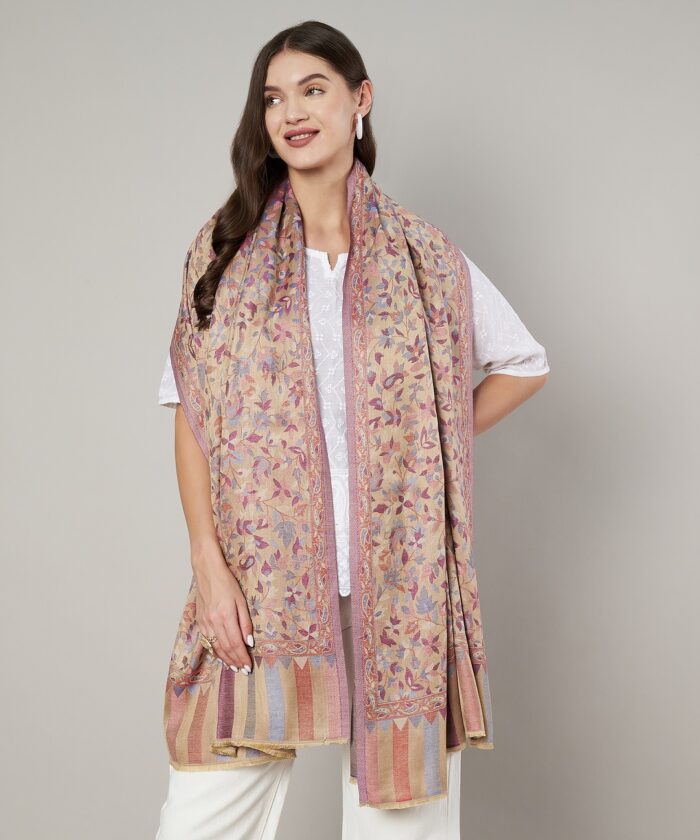 Muffly Wool Blend Kashmiri Jamawar Shawl with Intricate Floral Weave – Traditional Ethnic Shawl for Women – Size (40 inch x 80 inch)