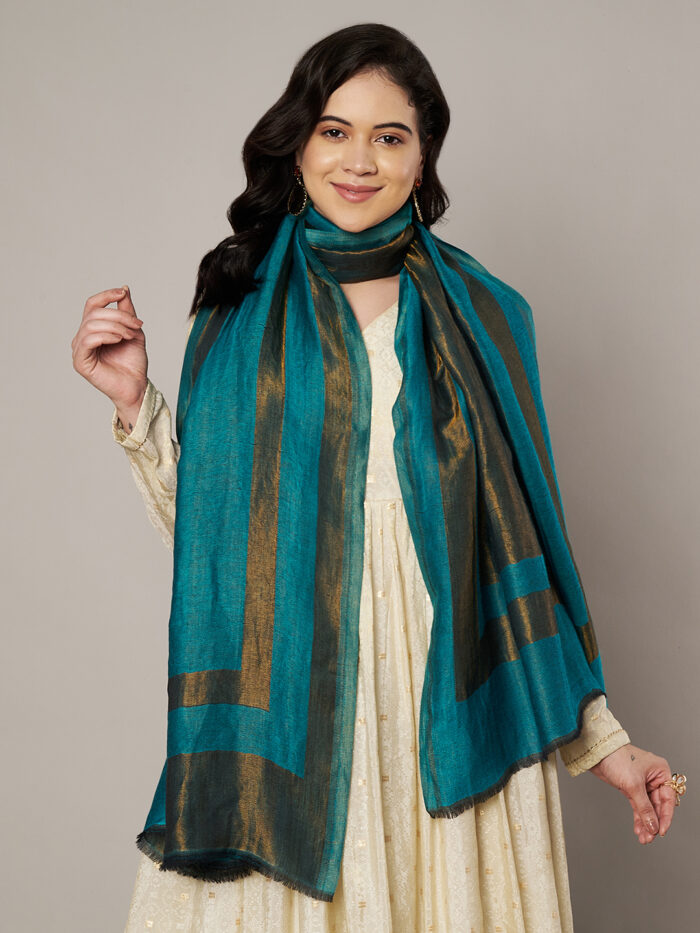 Muffly Women Solid Pattern Wool Blend Zari Dual Border Moonlight Stole – Traditional Elegant Stole for Women – Size (28 inch x 80 inch)