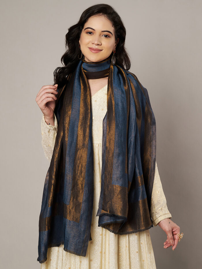 Muffly Women Solid Pattern Wool Blend Zari Dual Border Moonlight Stole – Traditional Elegant Stole for Women – Size (28 inch x 80 inch)