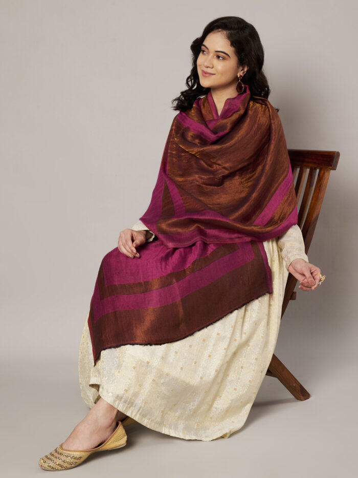 Muffly Women Solid Pattern Wool Blend Zari Dual Border Moonlight Stole – Traditional Elegant Stole for Women – Size (28 inch x 80 inch)