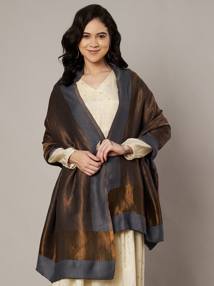 Muffly Women Solid Pattern Wool Blend Zari Dual Border Moonlight Stole – Traditional Elegant Stole for Women – Size (28 inch x 80 inch)