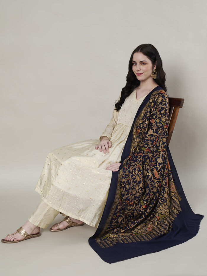 Muffly Fine Wool Bird Motif Shawl with Floral Detailing & Golden Border – Size (40 x 80 inches)