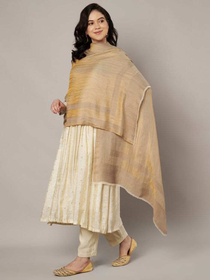 Muffly Women Solid Pattern Wool Blend Zari Dual Border Moonlight Stole – Traditional Elegant Stole for Women – Size (28 inch x 80 inch)