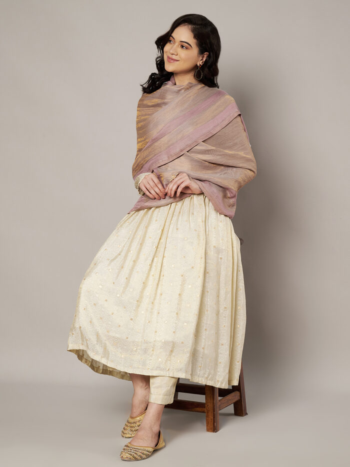 Muffly Women Solid Pattern Wool Blend Zari Dual Border Moonlight Stole – Traditional Elegant Stole for Women – Size (28 inch x 80 inch)