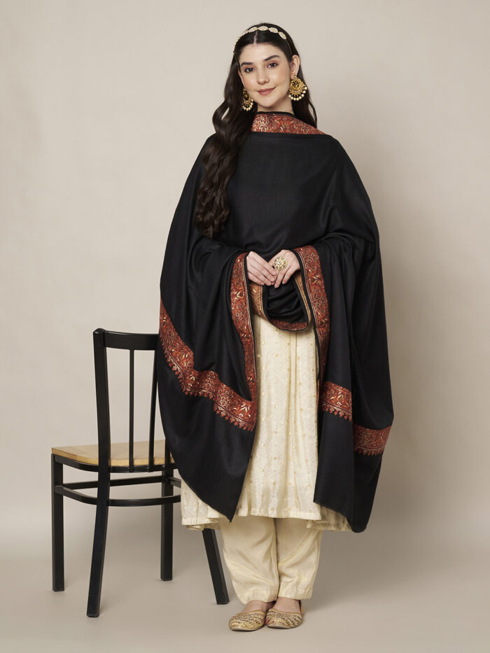 MUFFLY Woolen Embroidered Shawl for Women with Ornate Border – 40x80 Wrap